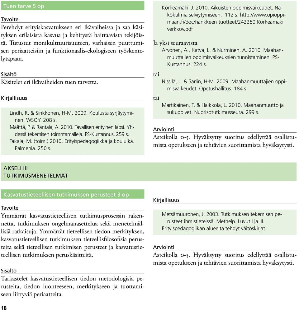 & Sinkkonen, H-M. 2009. Koulusta syrjäytyminen. WSOY. 208 s. Määttä, P. & Rantala, A. 2010. Tavallisen erityinen lapsi. Yhdessä tekemisen toimntamalleja. PS-Kustannus. 259 s. Takala, M. (toim.) 2010.