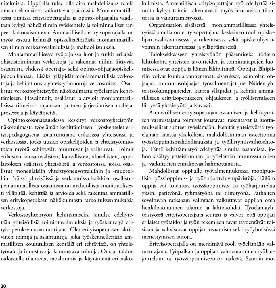 Ammatillisella erityisopettajalla on myös vastuu kehittää opiskelijalähtöisiä moniammatillisen tiimin verkostovalmiuksia ja mahdollisuuksia.