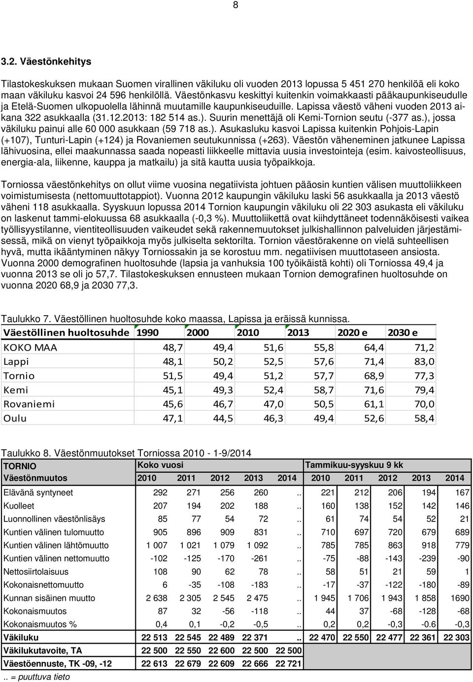 2013: 182 514 as.). Suurin menettäjä oli Kemi-Tornion seutu (-377 as.), jossa väkiluku painui alle 60 000 asukkaan (59 718 as.). Asukasluku kasvoi Lapissa kuitenkin Pohjois-Lapin (+107), Tunturi-Lapin (+124) ja Rovaniemen seutukunnissa (+263).