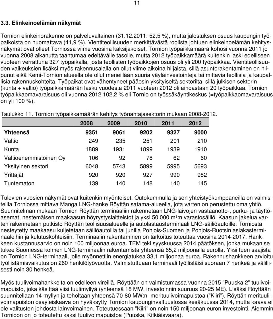 Tornion työpaikkamäärä kohosi vuonna 2011 jo vuonna 2008 alkanutta taantumaa edeltävälle tasolle, mutta 2012 työpaikkamäärä kuitenkin laski edelliseen vuoteen verrattuna 327 työpaikalla, josta