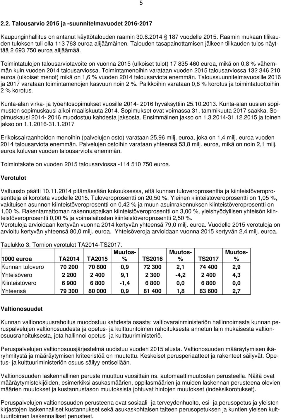 Toimintatulojen talousarviotavoite on vuonna 2015 (ulkoiset tulot) 17 835 460 euroa, mikä on 0,8 % vähemmän kuin vuoden 2014 talousarviossa.