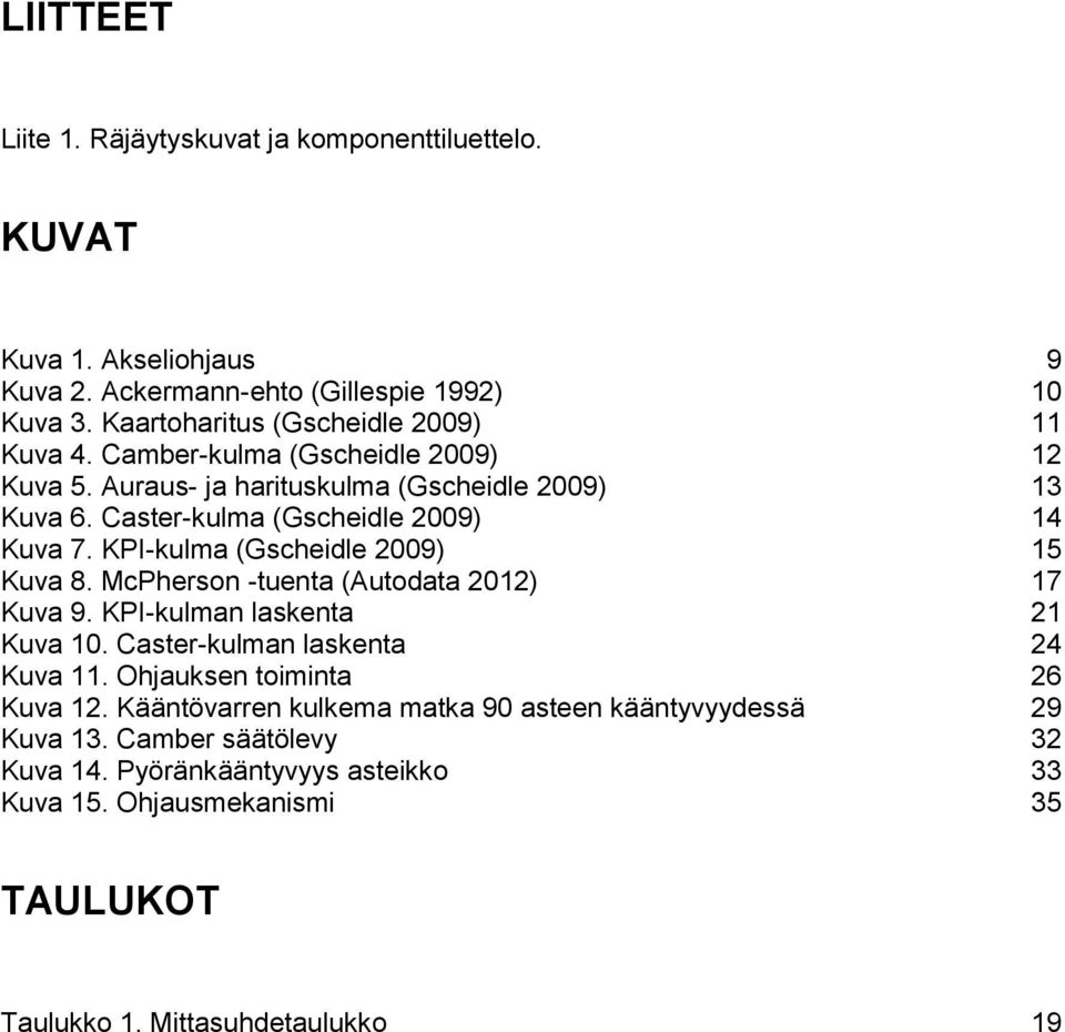 Caster-kulma (Gscheidle 2009) 14 Kuva 7. KPI-kulma (Gscheidle 2009) 15 Kuva 8. McPherson -tuenta (Autodata 2012) 17 Kuva 9. KPI-kulman laskenta 21 Kuva 10.