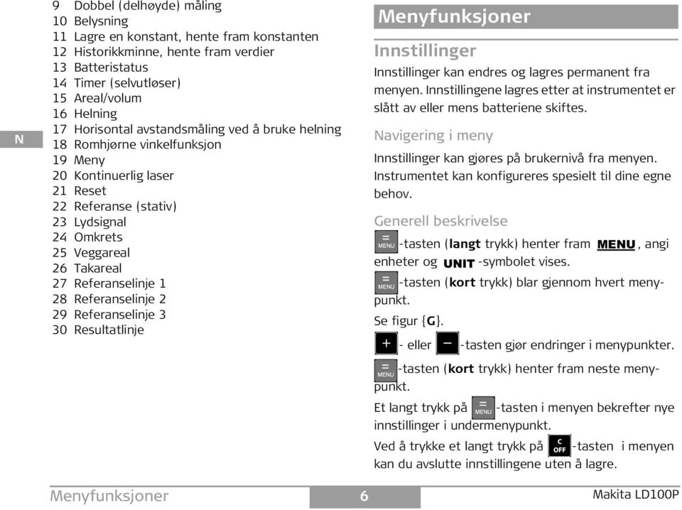 Referanselinje 1 28 Referanselinje 2 29 Referanselinje 3 30 Resultatlinje Menyfunksjoner 6 Menyfunksjoner nnstillinger nnstillinger kan endres og lagres permanent fra menyen.