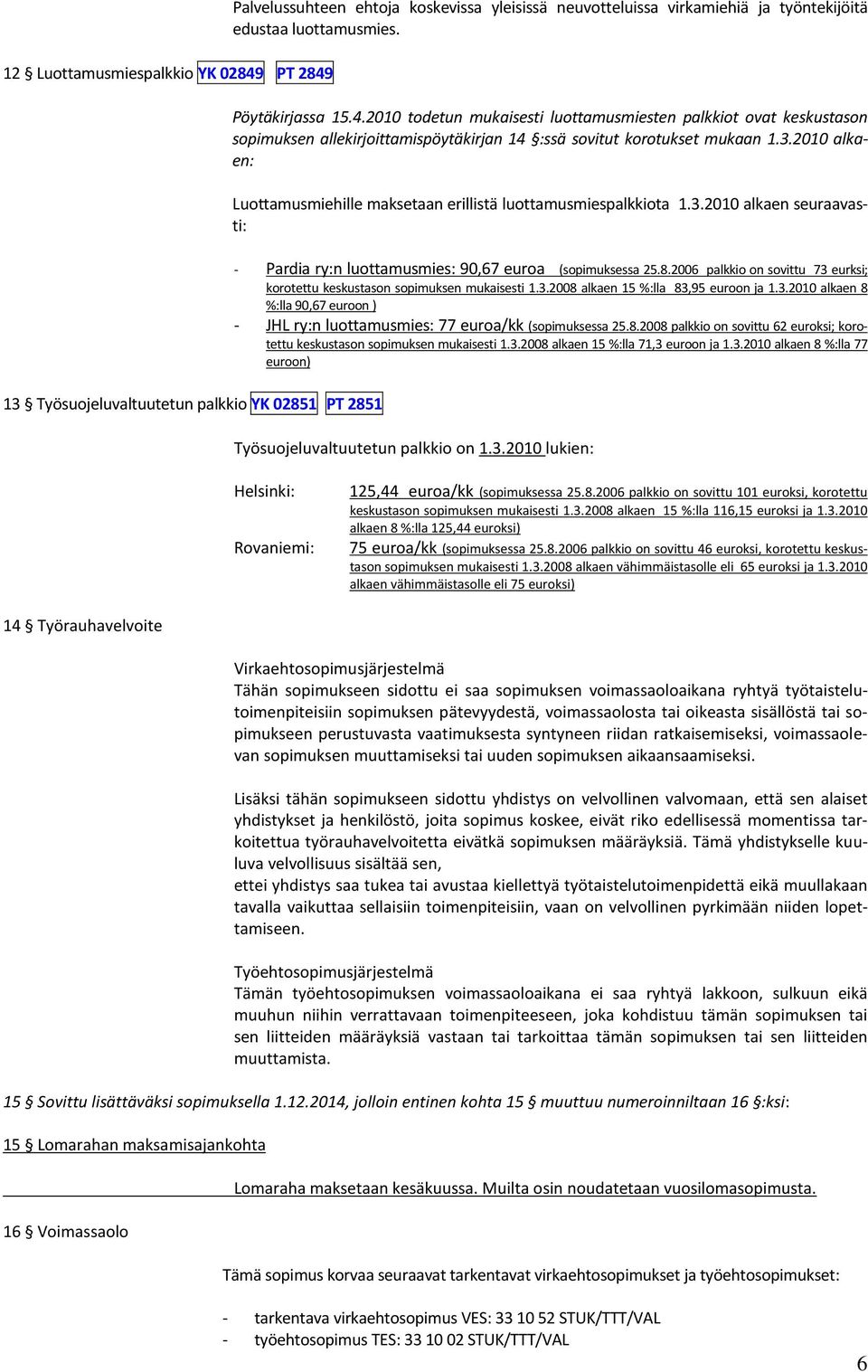 2010 alkaen: Luottamusmiehille maksetaan erillistä luottamusmiespalkkiota 1.3.2010 alkaen seuraavasti: - Pardia ry:n luottamusmies: 90,67 euroa (sopimuksessa 25.8.