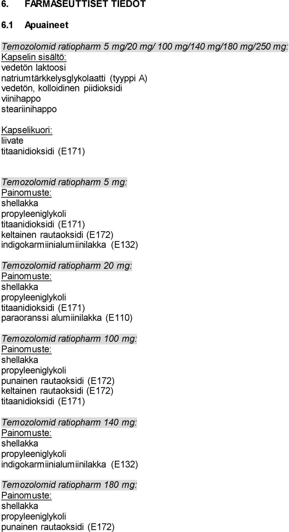 steariinihappo Kapselikuori: liivate titaanidioksidi (E171) Temozolomid ratiopharm 5 mg: Painomuste: shellakka propyleeniglykoli titaanidioksidi (E171) keltainen rautaoksidi (E172)