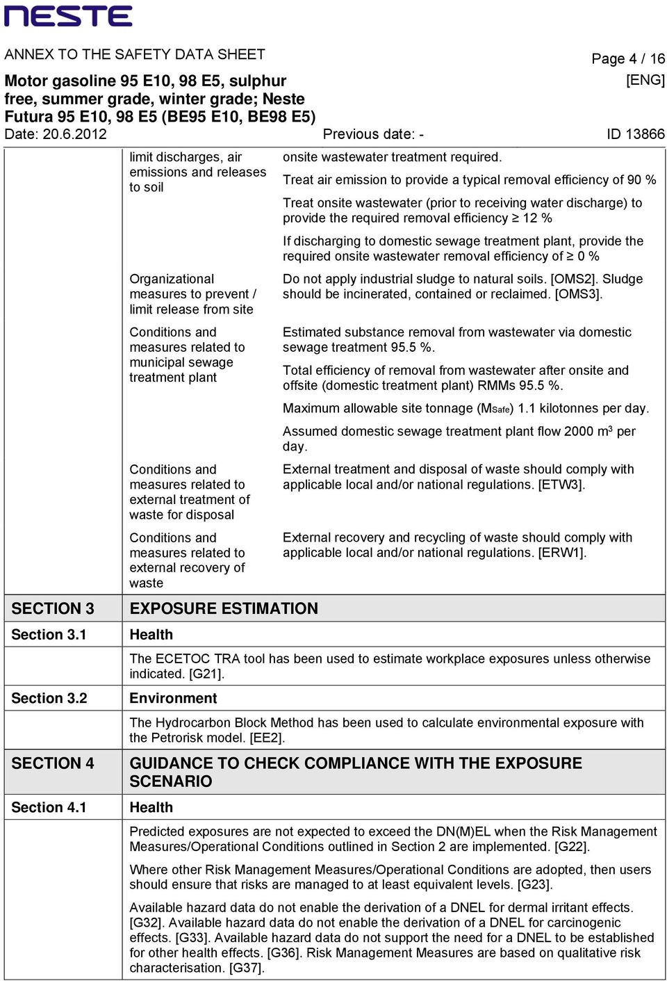 measures related to external treatment of waste for disposal Conditions and measures related to external recovery of waste EXPOSURE ESTIMATION Health onsite wastewater treatment required.