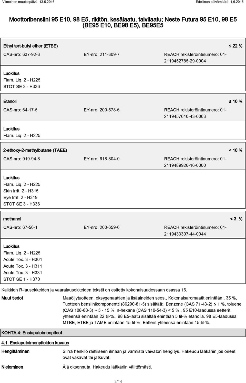 2015 Moottoribensiini 95 E10, 98 E5, rikitön, kesälaatu, talvilaatu; Neste Futura 95 E10, 98 E5 (BE95 E10, BE98 E5), BE95E5 Ethyl tert-butyl ether (ETBE) 22 % CAS-nro: 637-92-3 EY-nro: 211-309-7