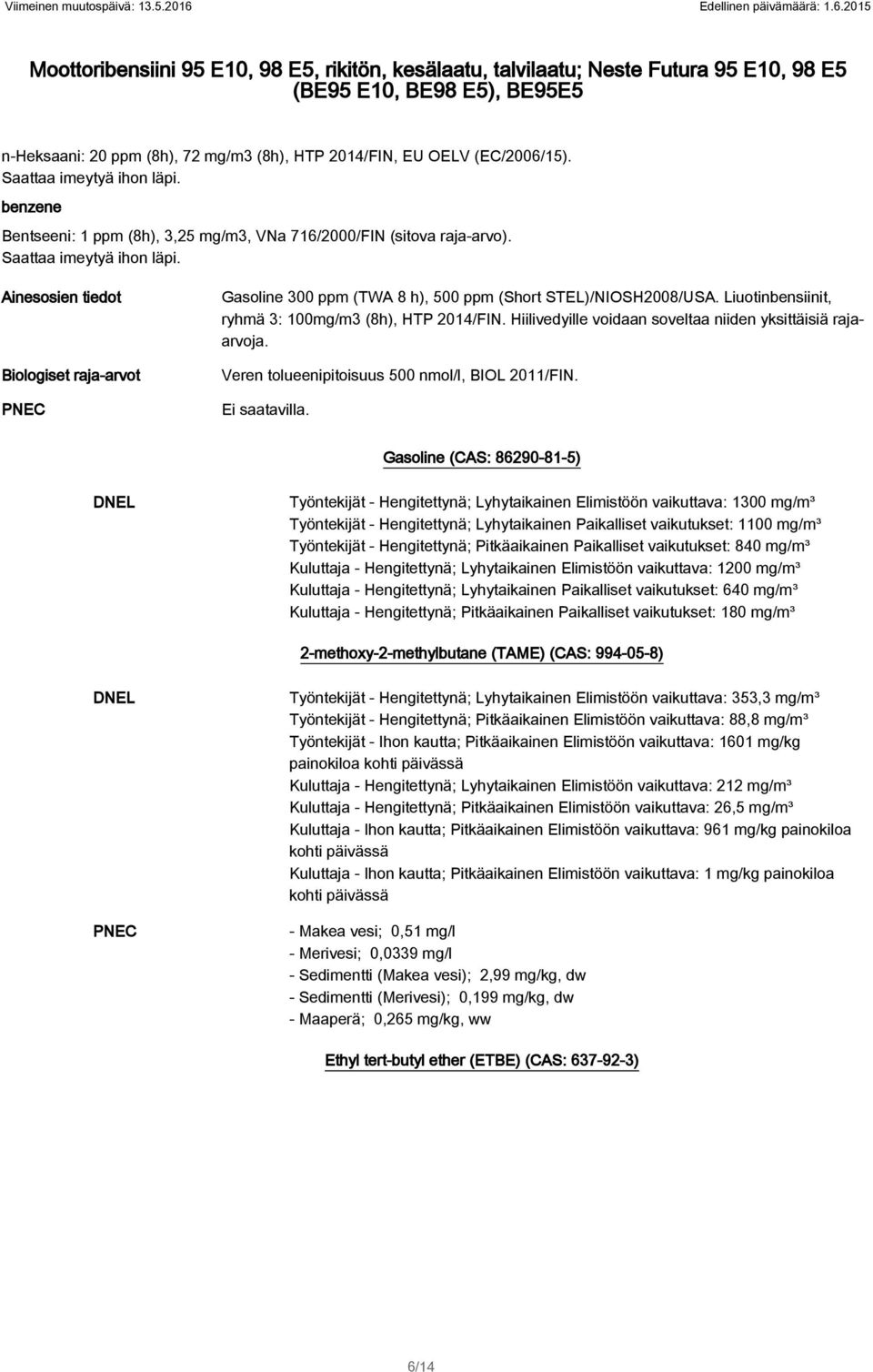 2015 Moottoribensiini 95 E10, 98 E5, rikitön, kesälaatu, talvilaatu; Neste Futura 95 E10, 98 E5 (BE95 E10, BE98 E5), BE95E5 n-heksaani: 20 ppm (8h), 72 mg/m3 (8h), HTP 2014/FIN, EU OELV (EC/2006/15).