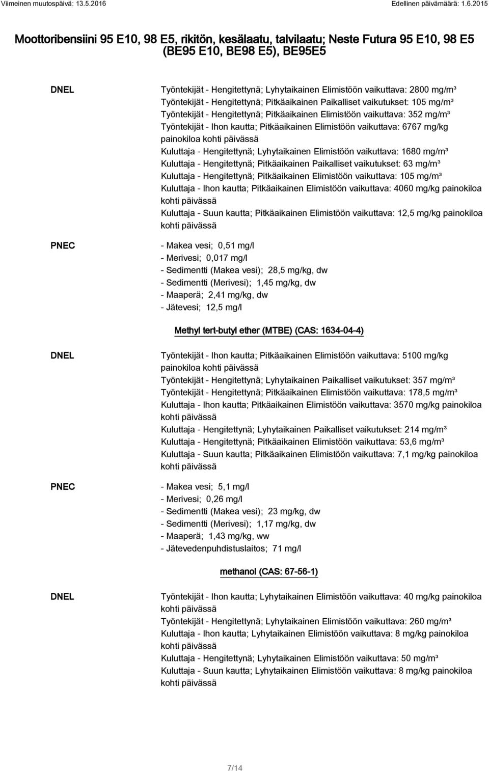 2015 Moottoribensiini 95 E10, 98 E5, rikitön, kesälaatu, talvilaatu; Neste Futura 95 E10, 98 E5 (BE95 E10, BE98 E5), BE95E5 DNEL PNEC Työntekijät - Hengitettynä; Lyhytaikainen Elimistöön vaikuttava: