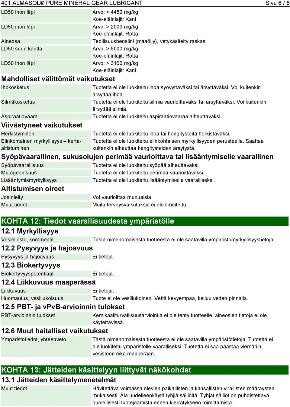 vetykäsitelty raskas Arvo: > 5000 mg/kg Koe-eläinlajit: Rotta Arvo: > 3160 mg/kg Koe-eläinlajit: Kani Tuotetta ei ole luokiteltu ihoa syövyttäväksi tai ärsyttäväksi. Voi kuitenkin ärsyttää ihoa.