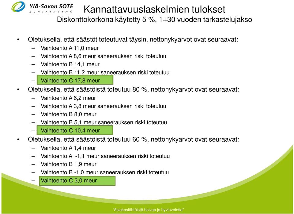 nettonykyarvot ovat seuraavat: Vaihtoehto A 6,2 meur Vaihtoehto A 3,8 meur saneerauksen riski toteutuu Vaihtoehto B 8,0 meur Vaihtoehto B 5,1 meur saneerauksen riski toteutuu Vaihtoehto C 10,4 meur