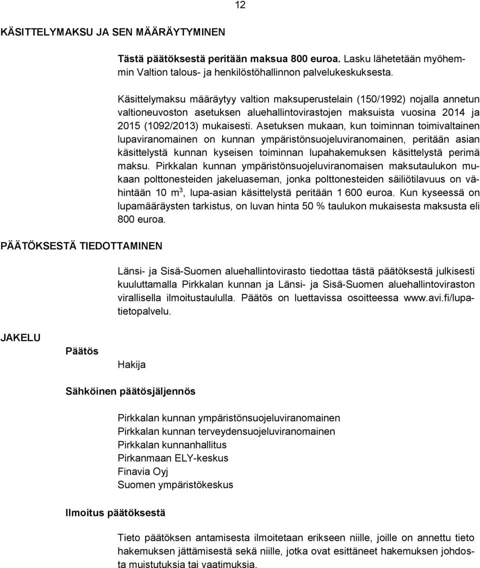 Asetuksen mukaan, kun toiminnan toimivaltainen lupaviranomainen on kunnan ympäristönsuojeluviranomainen, peritään asian käsittelystä kunnan kyseisen toiminnan lupahakemuksen käsittelystä perimä maksu.