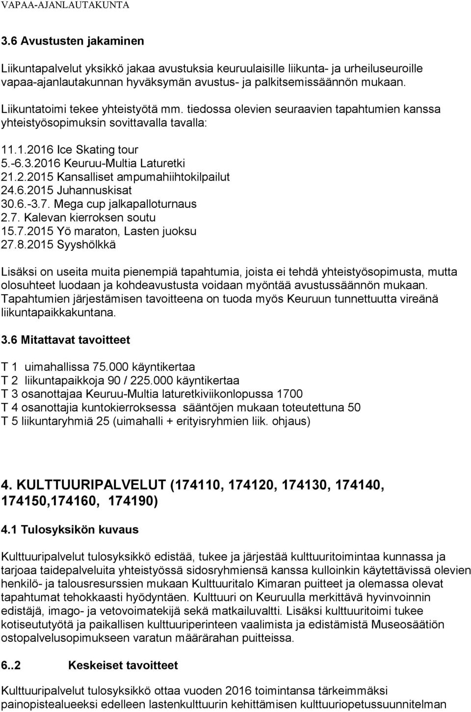 6.2015 Juhannuskisat 30.6.-3.7. Mega cup jalkapalloturnaus 2.7. Kalevan kierroksen soutu 15.7.2015 Yö maraton, Lasten juoksu 27.8.