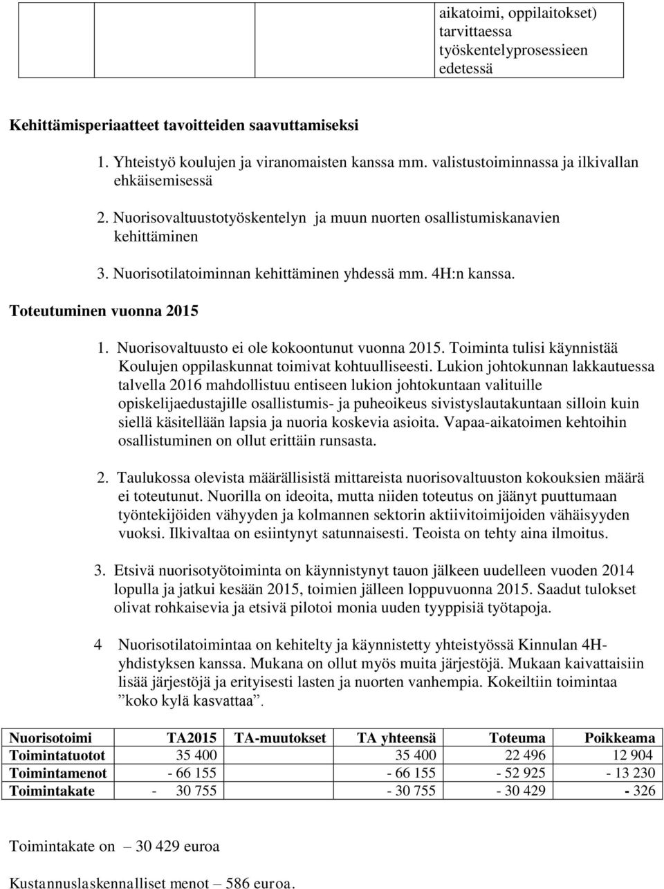 Toteutuminen vuonna 2015 1. Nuorisovaltuusto ei ole kokoontunut vuonna 2015. Toiminta tulisi käynnistää Koulujen oppilaskunnat toimivat kohtuulliseesti.