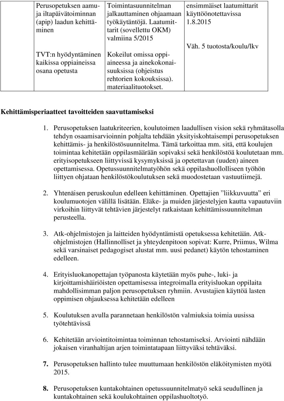 ensimmäiset laatumittarit käyttöönotettavissa 1.8.2015 Väh. 5 tuotosta/koulu/lkv Kehittämisperiaatteet tavoitteiden saavuttamiseksi 1.