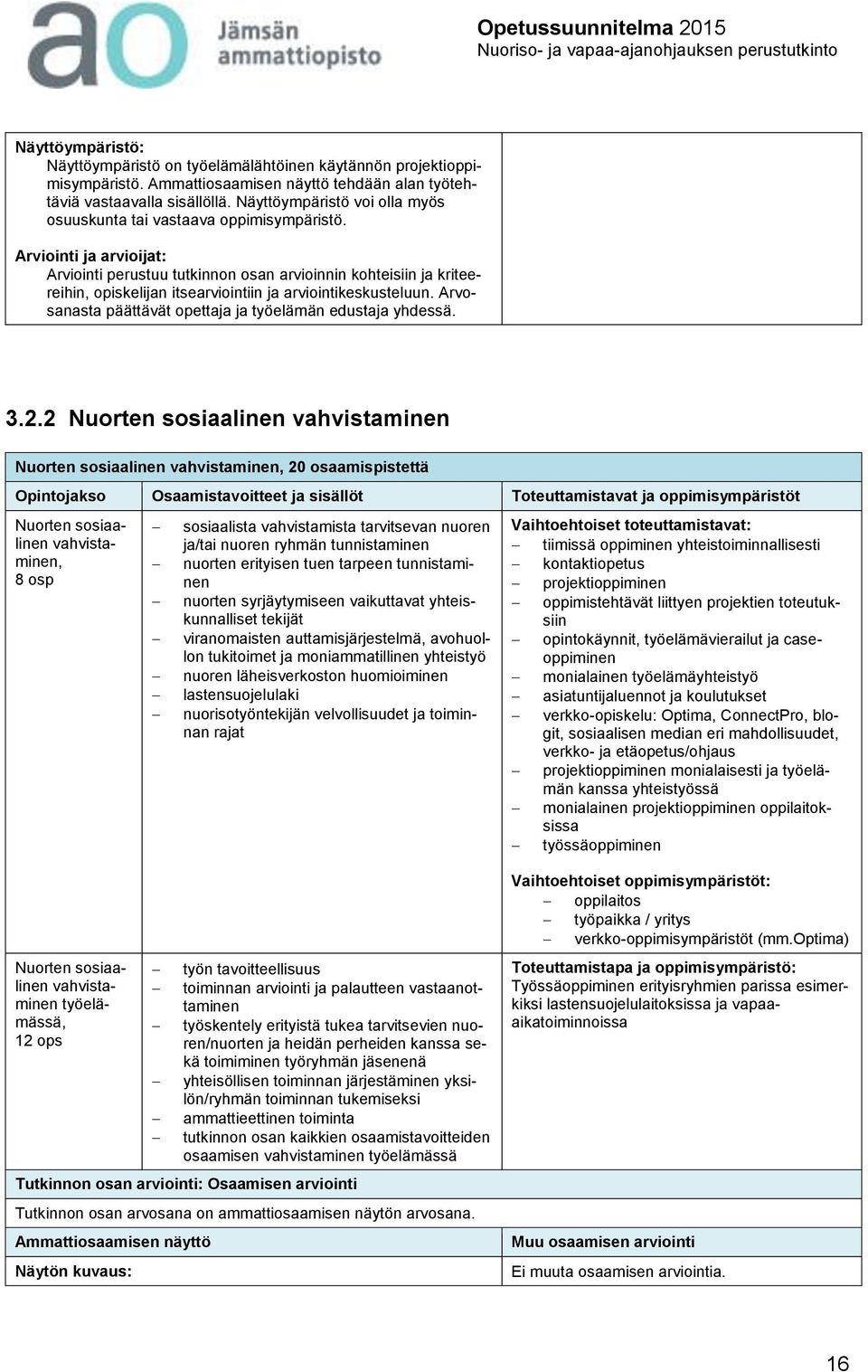 Arviointi ja arvioijat: Arviointi perustuu tutkinnon osan arvioinnin kohteisiin ja kriteereihin, opiskelijan itsearviointiin ja arviointikeskusteluun.