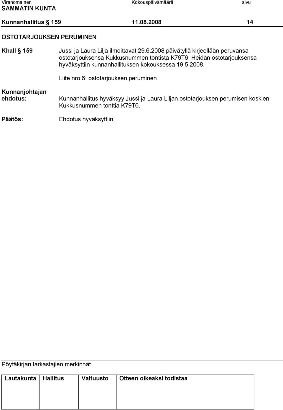 2008 päivätyllä kirjeellään peruvansa ostotarjouksensa Kukkusnummen tontista K79T6.