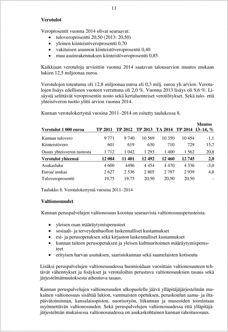 Verotulojen toteutuma oli 12,8 miljoonaa euroa eli 0,3 milj. euroa yli arvion. Verotulojen lisäys edelliseen vuoteen verrattuna oli 2,0 %. Vuonna 2013 lisäys oli 9,6 %.