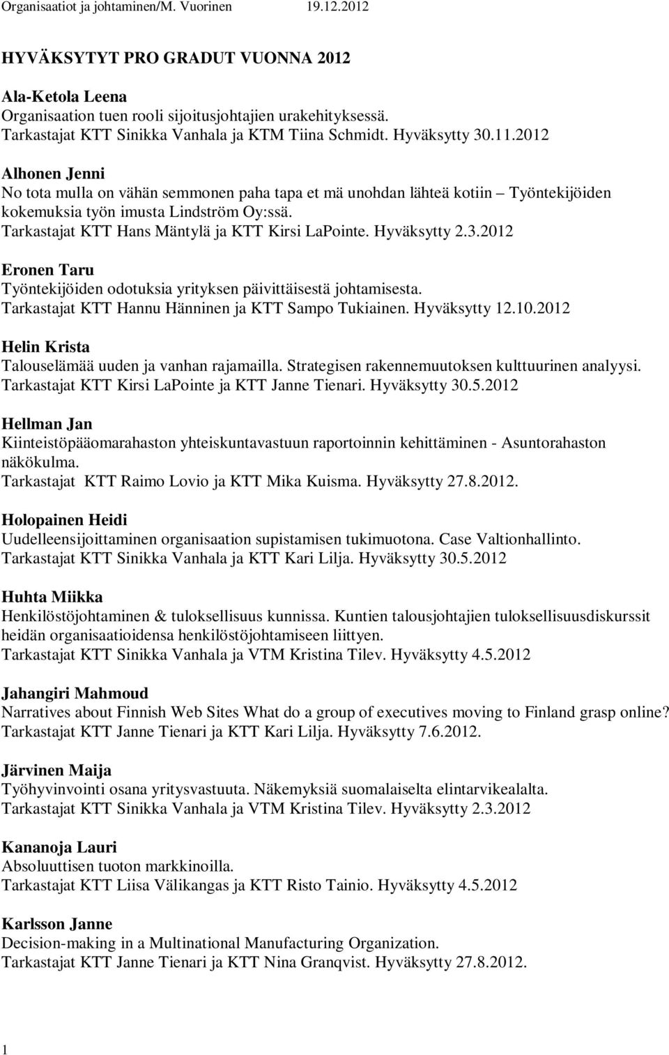 Hyväksytty 2.3.2012 Eronen Taru Työntekijöiden odotuksia yrityksen päivittäisestä johtamisesta. Tarkastajat KTT Hannu Hänninen ja KTT Sampo Tukiainen. Hyväksytty 12.10.