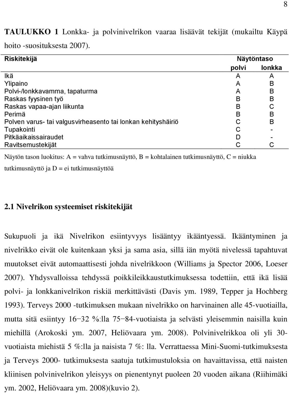 lonkan kehityshäiriö C B Tupakointi C - Pitkäaikaissairaudet D - Ravitsemustekijät C C Näytön tason luokitus: A = vahva tutkimusnäyttö, B = kohtalainen tutkimusnäyttö, C = niukka tutkimusnäyttö ja D
