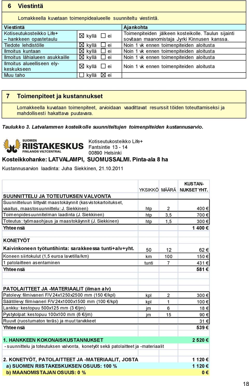 Tiedote lehdistölle kyllä ei Noin 1 vk ennen toimenpiteiden aloitusta Ilmoitus kuntaan kyllä ei Noin 1 vk ennen toimenpiteiden aloitusta Ilmoitus lähialueen asukkaille kyllä ei Noin 1 vk ennen