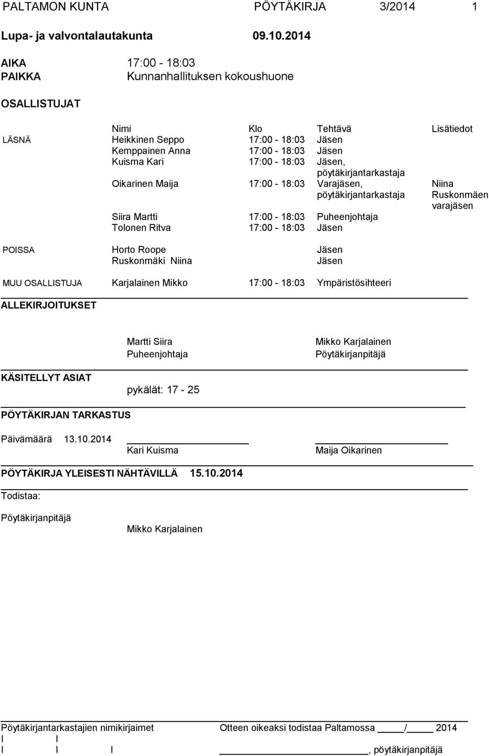 Jäsen, pöytäkirjantarkastaja Oikarinen Maija 17:00-18:03 Varajäsen, pöytäkirjantarkastaja Siira Martti 17:00-18:03 Puheenjohtaja Tolonen Ritva 17:00-18:03 Jäsen POSSA Horto Roope Jäsen Ruskonmäki