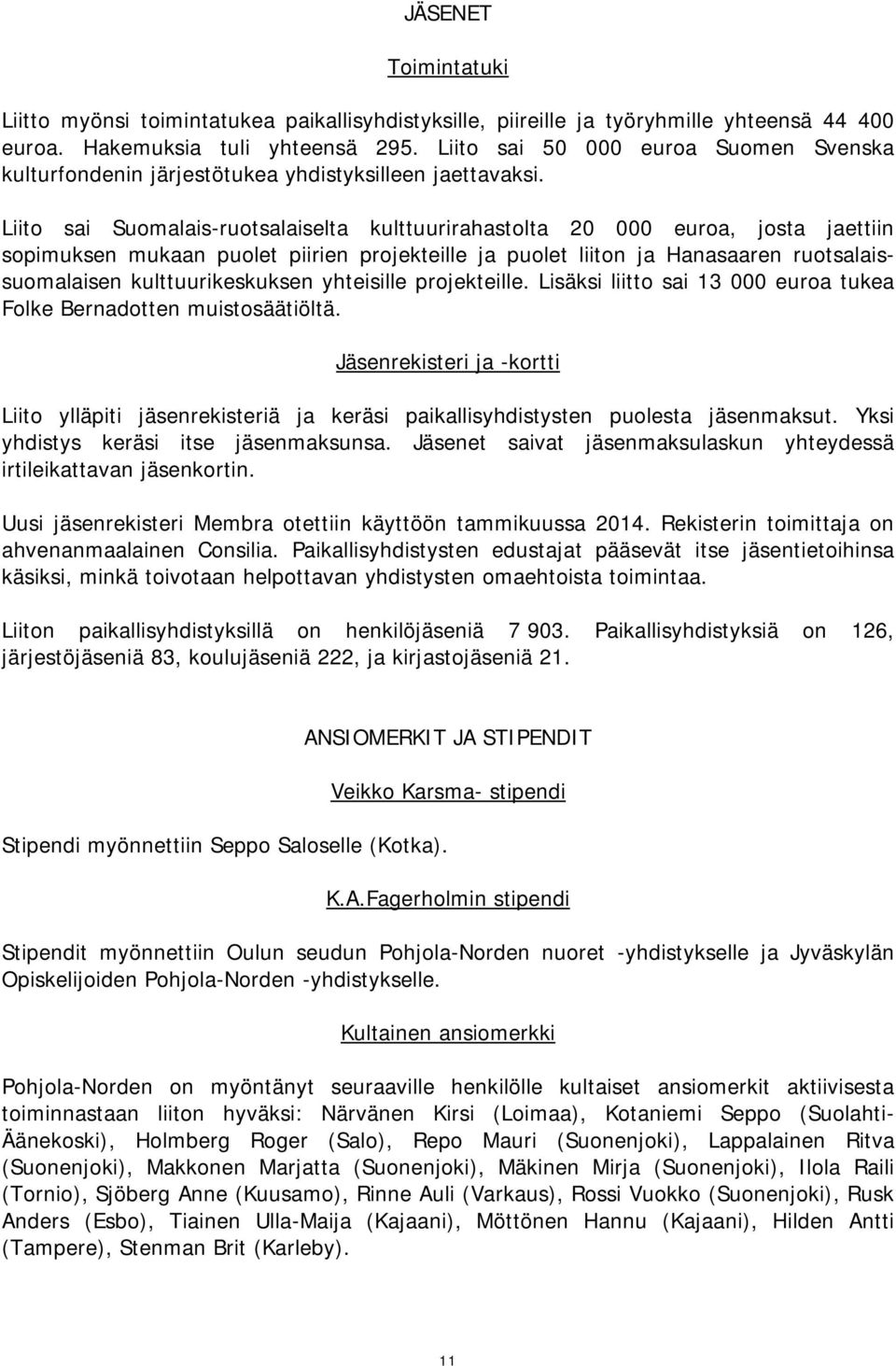 Liito sai Suomalais-ruotsalaiselta kulttuurirahastolta 20 000 euroa, josta jaettiin sopimuksen mukaan puolet piirien projekteille ja puolet liiton ja Hanasaaren ruotsalaissuomalaisen