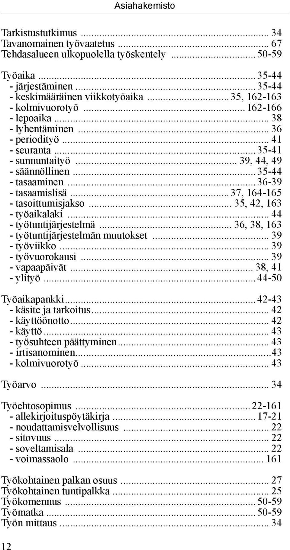 .. 35, 42, 163 työaikalaki... 44 työtuntijärjestelmä... 36, 38, 163 työtuntijärjestelmän muutokset... 39 työviikko... 39 työvuorokausi... 39 vapaapäivät... 38, 41 ylityö...44-50 Työaikapankki.