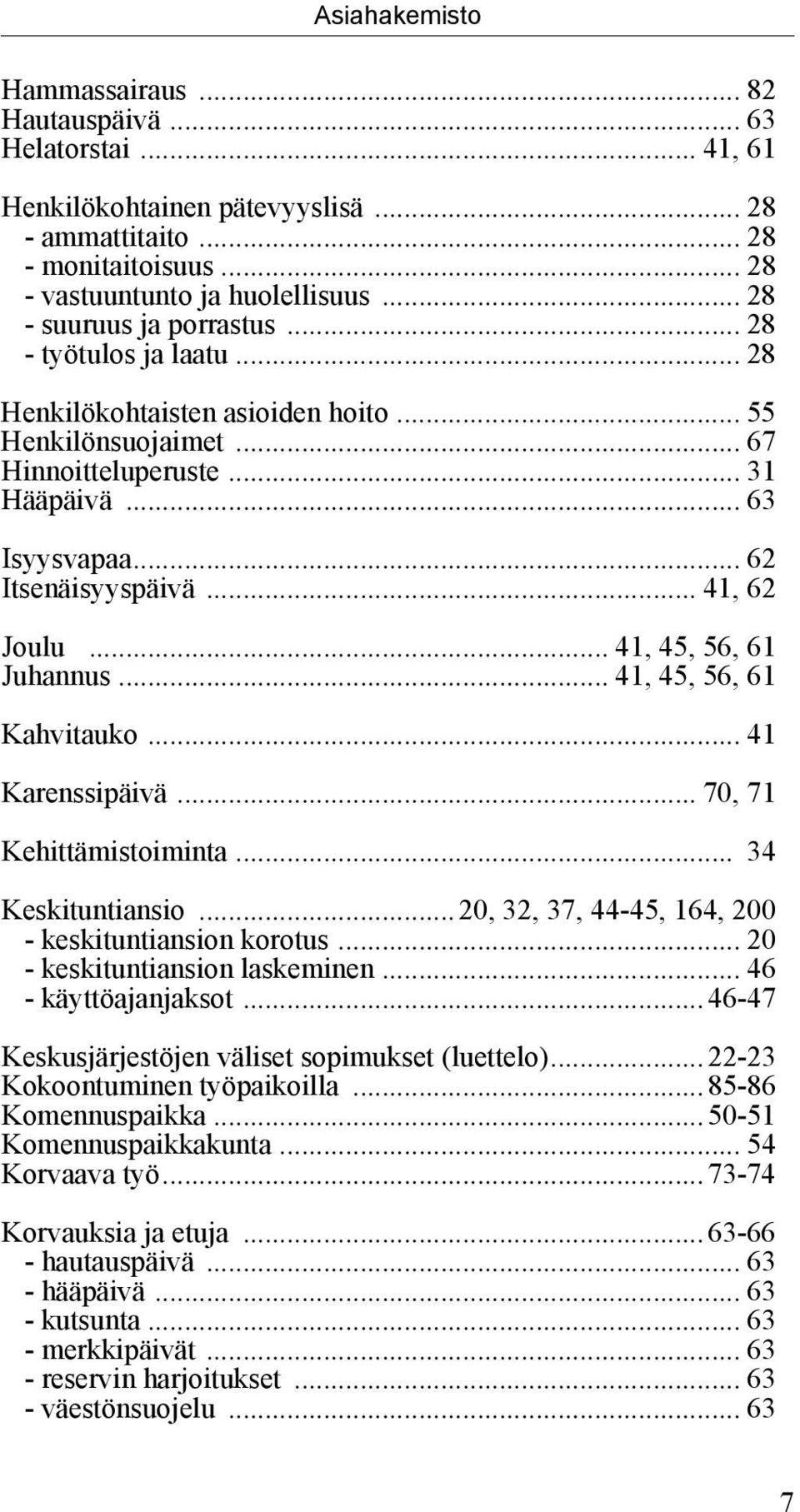 .. 41, 62 Joulu... 41, 45, 56, 61 Juhannus... 41, 45, 56, 61 Kahvitauko... 41 Karenssipäivä... 70, 71 Kehittämistoiminta... 34 Keskituntiansio...20, 32, 37, 44-45, 164, 200 keskituntiansion korotus.
