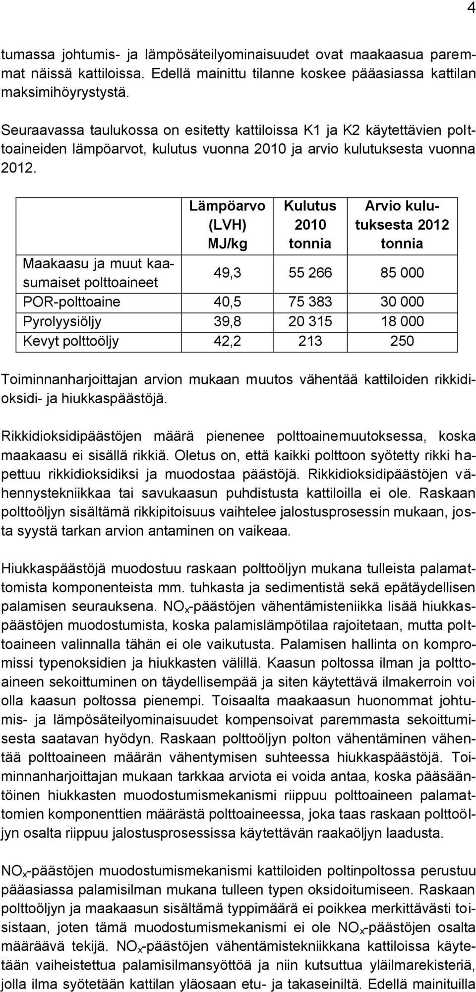 Lämpöarvo (LVH) MJ/kg Kulutus 2010 tonnia Arvio kulutuksesta 2012 tonnia Maakaasu ja muut kaasumaiset polttoaineet 49,3 55 266 85 000 POR-polttoaine 40,5 75 383 30 000 Pyrolyysiöljy 39,8 20 315 18