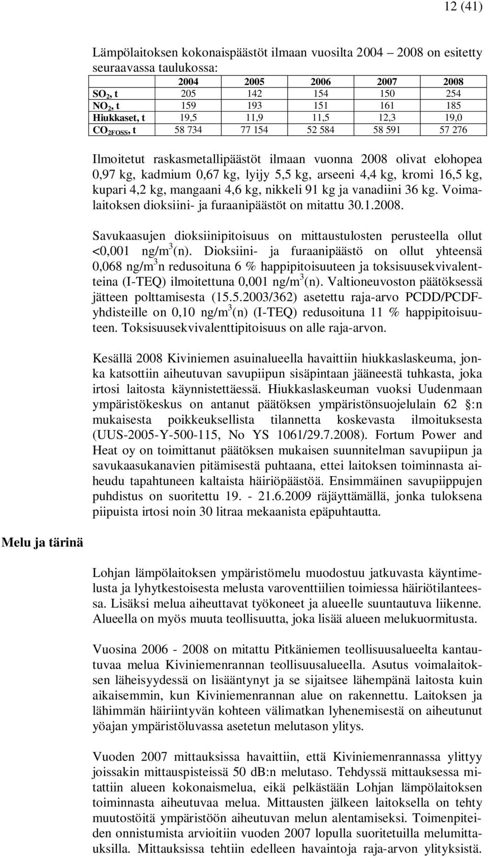 16,5 kg, kupari 4,2 kg, mangaani 4,6 kg, nikkeli 91 kg ja vanadiini 36 kg. Voimalaitoksen dioksiini- ja furaanipäästöt on mitattu 30.1.2008.