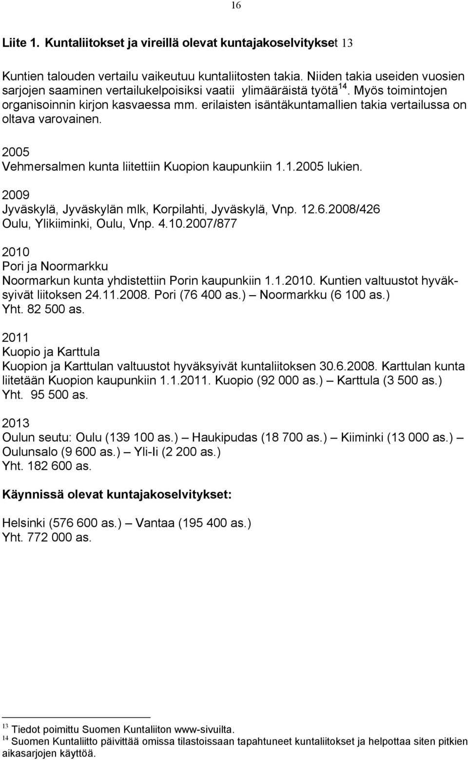 erilaisten isäntäkuntamallien takia vertailussa on oltava varovainen. 2005 Vehmersalmen kunta liitettiin Kuopion kaupunkiin 1.1.2005 lukien. 2009 Jyväskylä, Jyväskylän mlk, Korpilahti, Jyväskylä, Vnp.