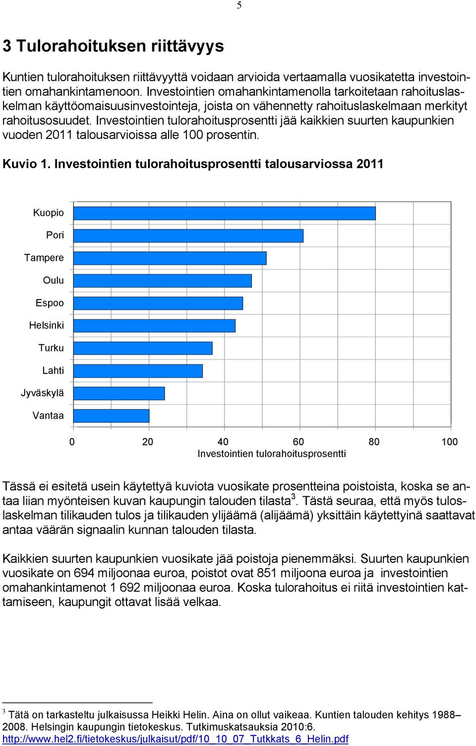 Investointien tulorahoitusprosentti jää kaikkien suurten kaupunkien vuoden 2011 talousarvioissa alle 100 prosentin. Kuvio 1.