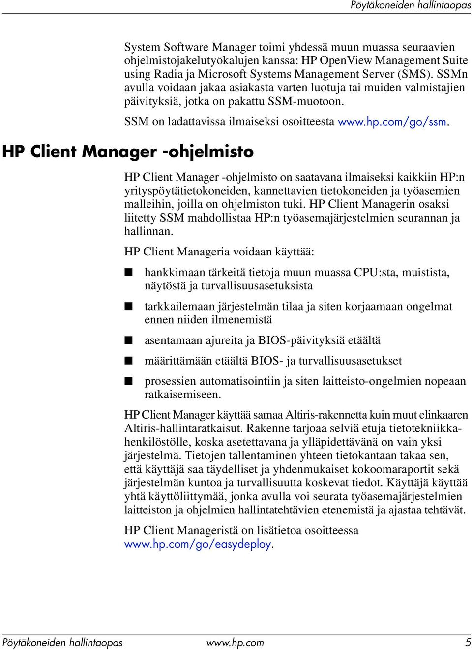 HP Client Manager -ohjelmisto HP Client Manager -ohjelmisto on saatavana ilmaiseksi kaikkiin HP:n yrityspöytätietokoneiden, kannettavien tietokoneiden ja työasemien malleihin, joilla on ohjelmiston
