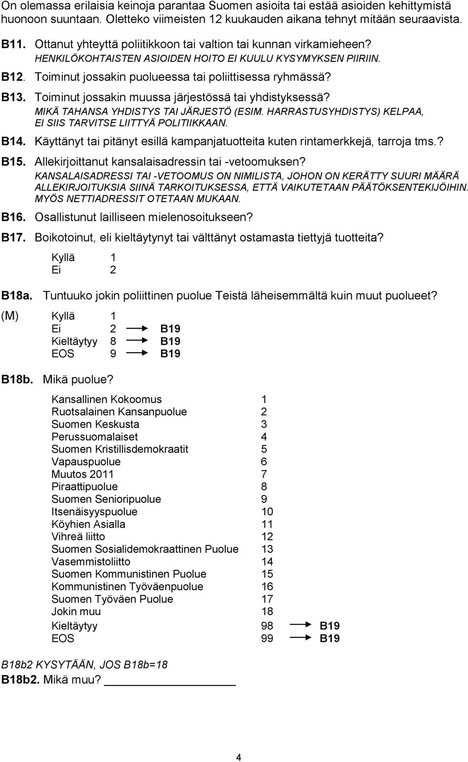 Toiminut jossakin muussa järjestössä tai yhdistyksessä? MIKÄ TAHANSA YHDISTYS TAI JÄRJESTÖ (ESIM. HARRASTUSYHDISTYS) KELPAA, EI SIIS TARVITSE LIITTYÄ POLITIIKKAAN. B14.