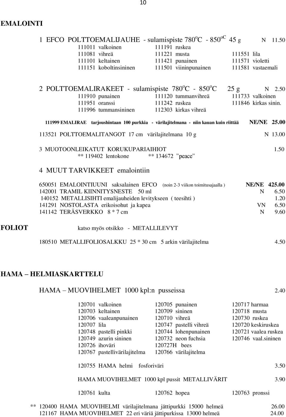 POLTTOEMALIRAKEET - sulamispiste 780 o C - 850 o C 25 g N 2.50 111910 punainen 111120 tummanvihreä 111733 valkoinen 111951 oranssi 111242 ruskea 111846 kirkas sinin.