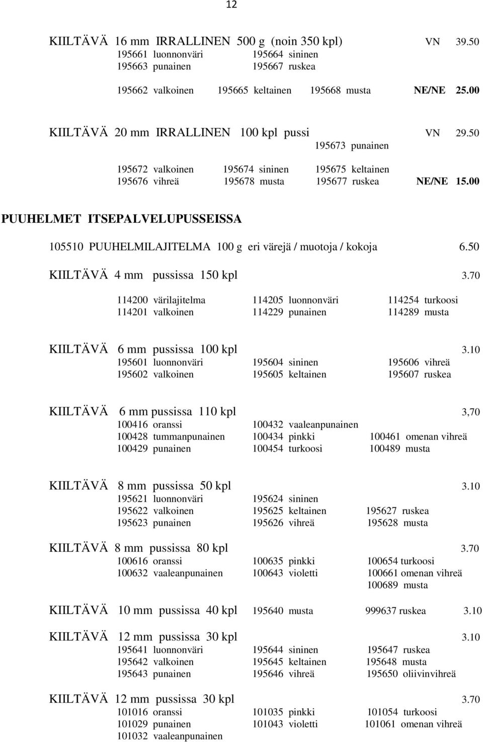 00 PUUHELMET ITSEPALVELUPUSSEISSA 105510 PUUHELMILAJITELMA 100 g eri värejä / muotoja / kokoja 6.50 KIILTÄVÄ 4 mm pussissa 150 kpl 3.