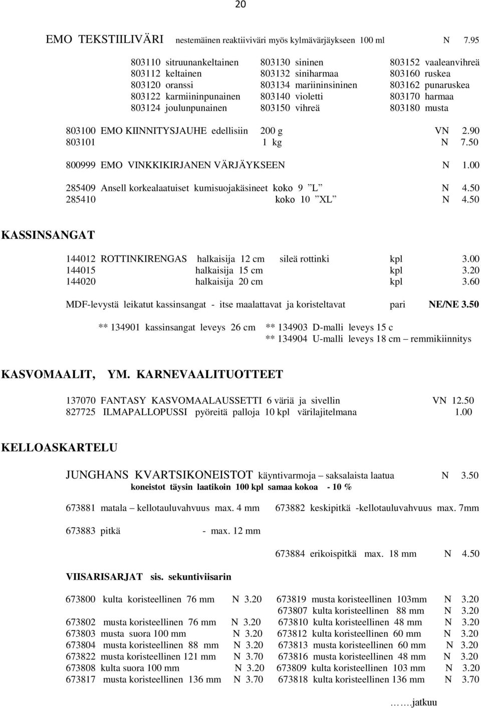 803140 violetti 803170 harmaa 803124 joulunpunainen 803150 vihreä 803180 musta 803100 EMO KIINNITYSJAUHE edellisiin 200 g VN 2.90 803101 1 kg N 7.50 800999 EMO VINKKIKIRJANEN VÄRJÄYKSEEN N 1.