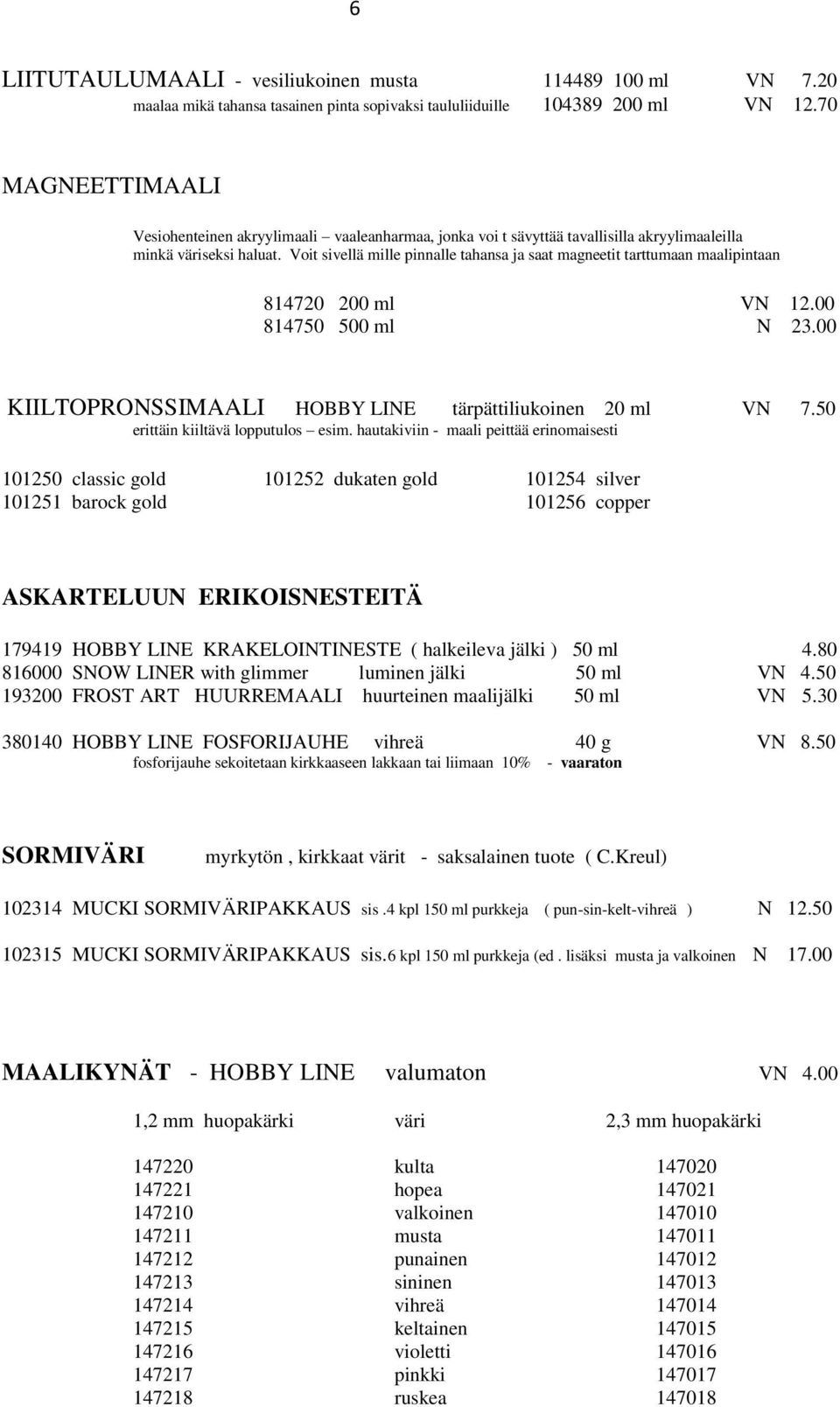 Voit sivellä mille pinnalle tahansa ja saat magneetit tarttumaan maalipintaan 814720 200 ml VN 12.00 814750 500 ml N 23.00 KIILTOPRONSSIMAALI HOBBY LINE tärpättiliukoinen 20 ml VN 7.