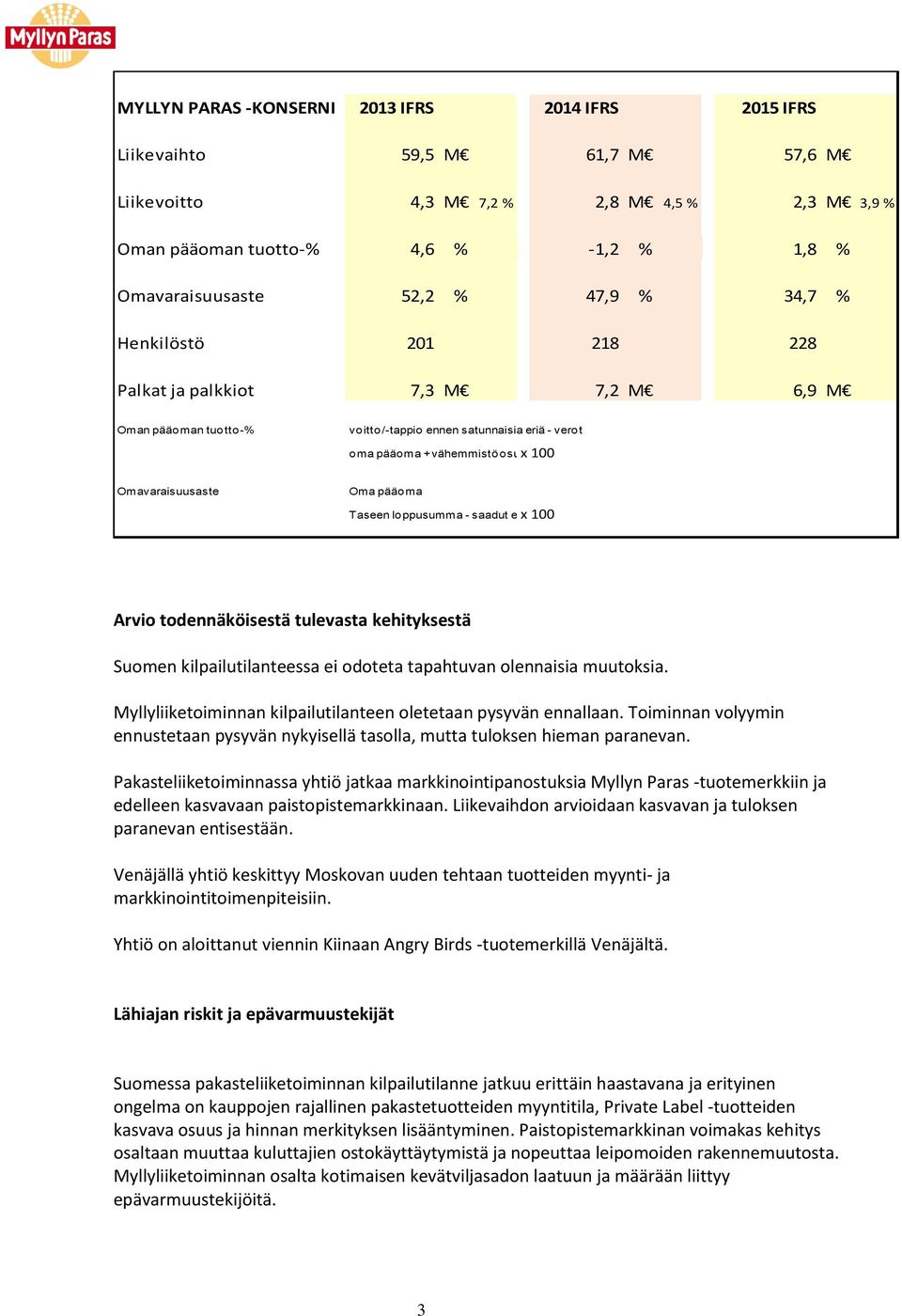 loppusumma - saadut ennakot x 100 Arvio todennäköisestä tulevasta kehityksestä Suomen kilpailutilanteessa ei odoteta tapahtuvan olennaisia muutoksia.