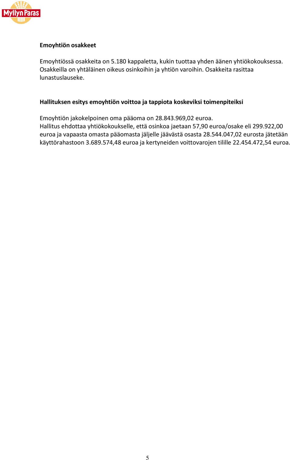 Hallituksen esitys emoyhtiön voittoa ja tappiota koskeviksi toimenpiteiksi Emoyhtiön jakokelpoinen oma pääoma on 28.843.969,02 euroa.