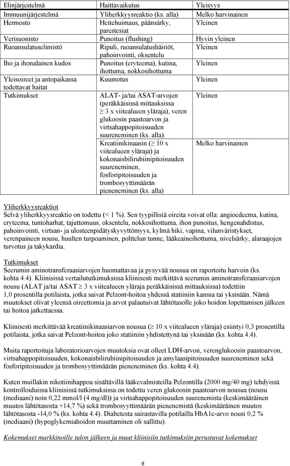 oksentelu Iho ja ihonalainen kudos Punoitus (eryteema), kutina, Yleinen ihottuma, nokkosihottuma Yleisoireet ja antopaikassa Kuumotus Yleinen todettavat haitat Tutkimukset ALAT- ja/tai ASAT-arvojen