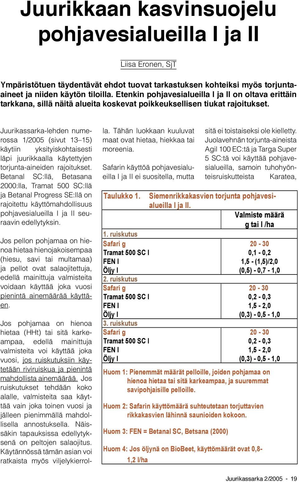 Juurikassarka-lehden numerossa 1/2005 (sivut 13 15) käytiin yksityiskohtaisesti läpi juurikkaalla käytettyjen torjunta-aineiden rajoitukset.