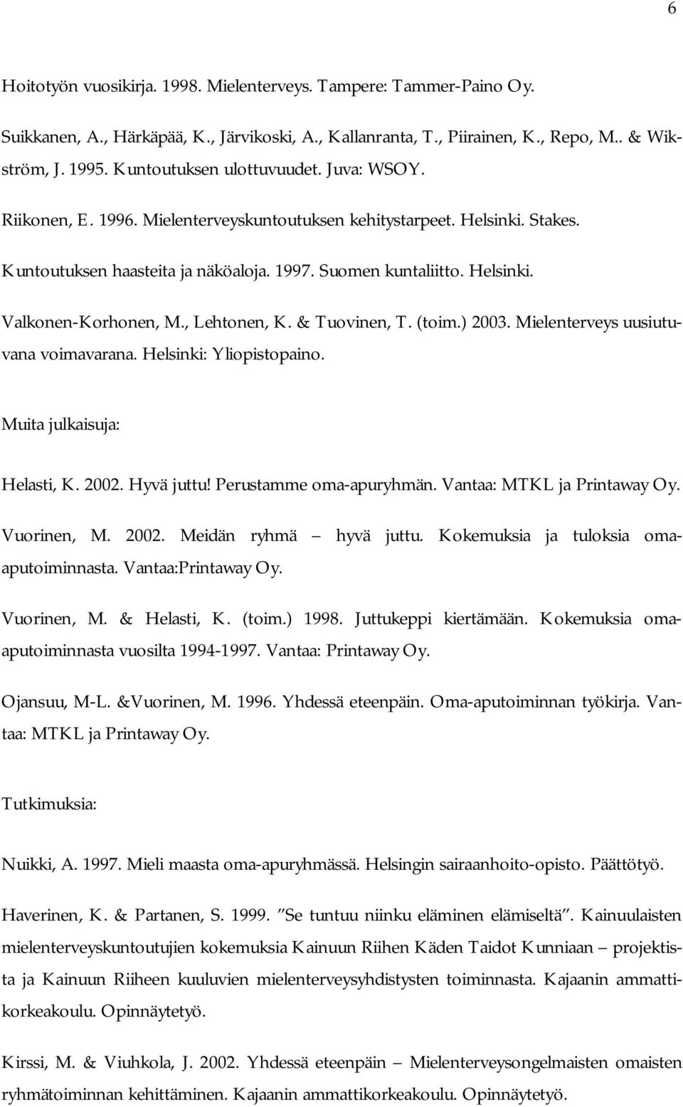 , Lehtonen, K. & Tuovinen, T. (toim.) 2003. Mielenterveys uusiutuvana voimavarana. Helsinki: Yliopistopaino. Muita julkaisuja: Helasti, K. 2002. Hyvä juttu! Perustamme oma-apuryhmän.