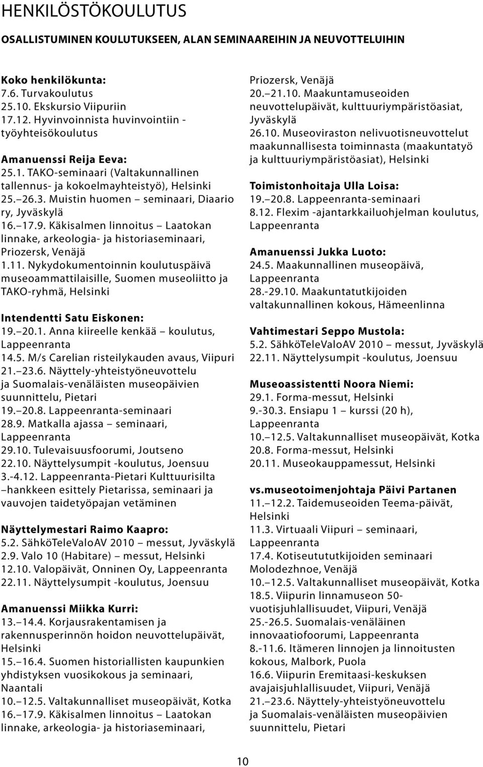 Muistin huomen seminaari, Diaario ry, Jyväskylä 16. 17.9. Käkisalmen linnoitus Laatokan linnake, arkeologia- ja historiaseminaari, Priozersk, Venäjä 1.11.