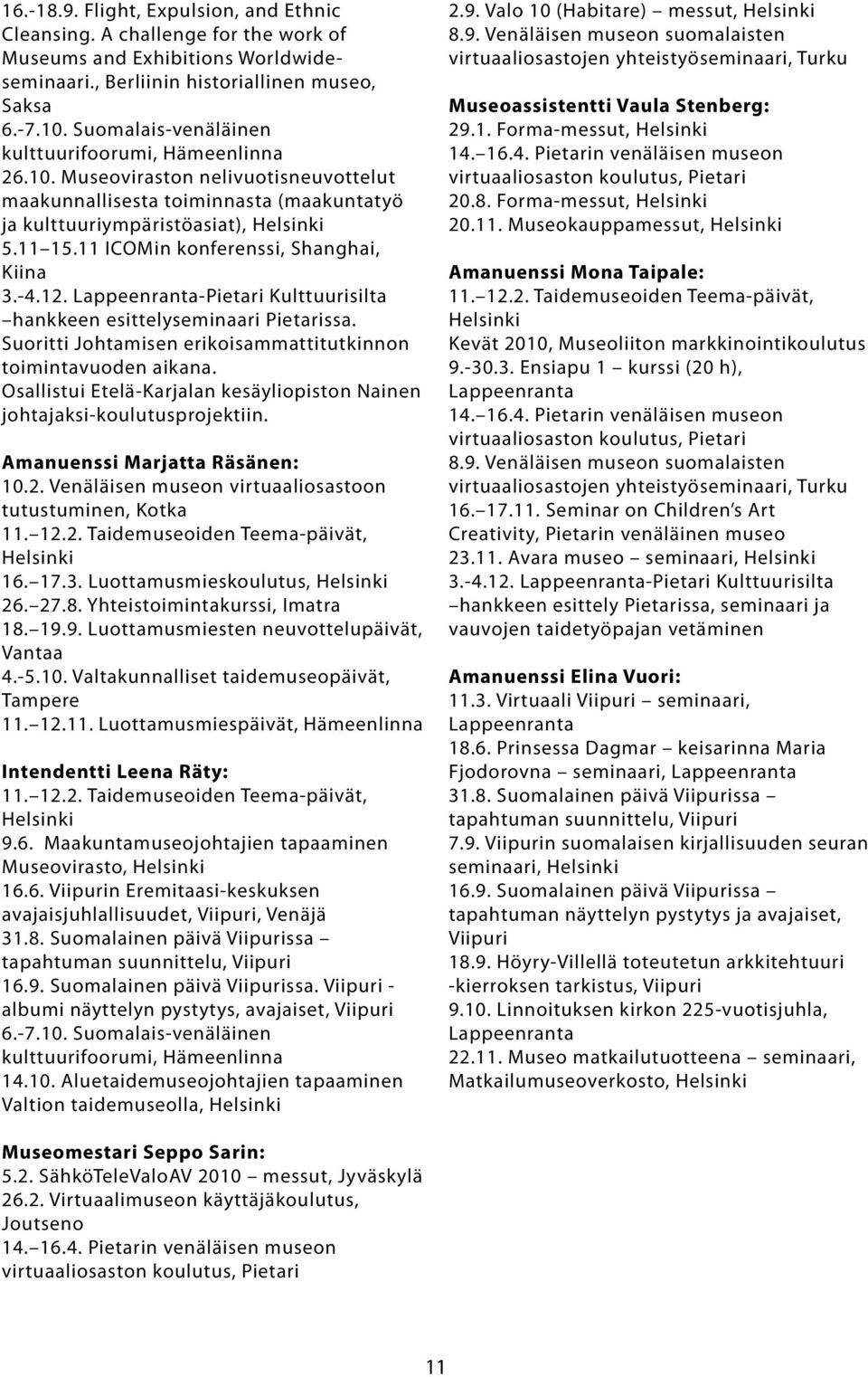 11 ICOMin konferenssi, Shanghai, Kiina 3.-4.12. Lappeenranta-Pietari Kulttuurisilta hankkeen esittelyseminaari Pietarissa. Suoritti Johtamisen erikoisammattitutkinnon toimintavuoden aikana.