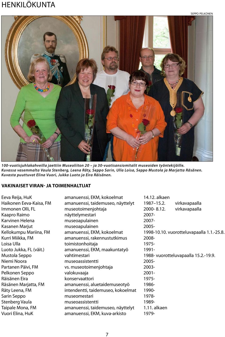Vakinaiset viran- ja toimenhaltijat Eeva Reija, Huk amanuenssi, EKM, kokoelmat.12. alkaen Haikonen Eeva-Kaisa, FM amanuenssi, taidemuseo, näyttelyt 1987 15.2. virkavapaalla Immonen Olli, FL museotoimenjohtaja 2000-8.