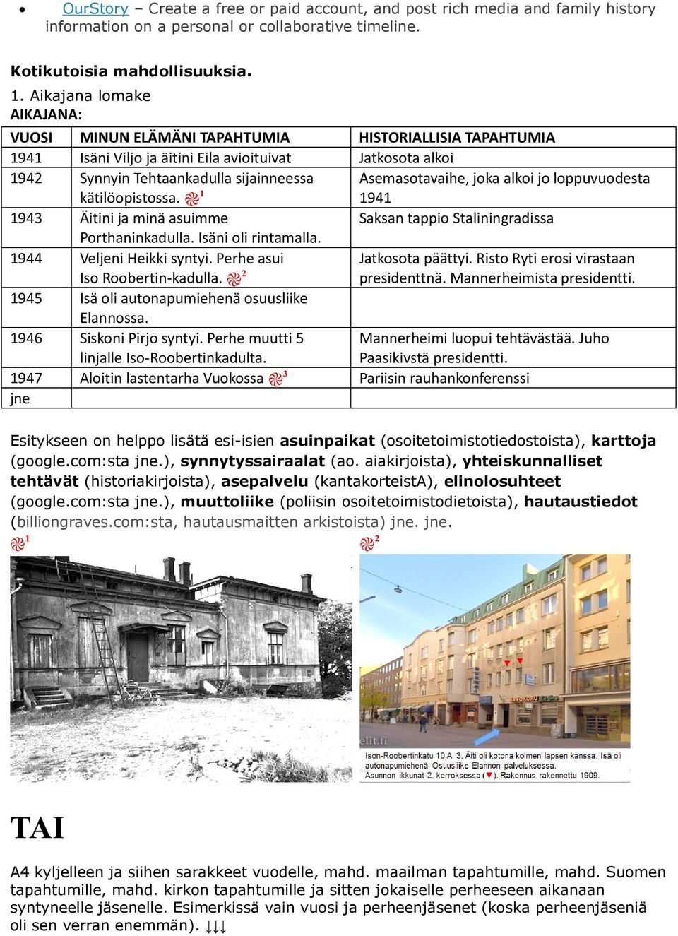 1 1943 Äitini ja minä asuimme Porthaninkadulla. Isäni oli rintamalla. 1944 Veljeni Heikki syntyi. Perhe asui Iso Roobertin-kadulla. 2 1945 Isä oli autonapumiehenä osuusliike Elannossa.