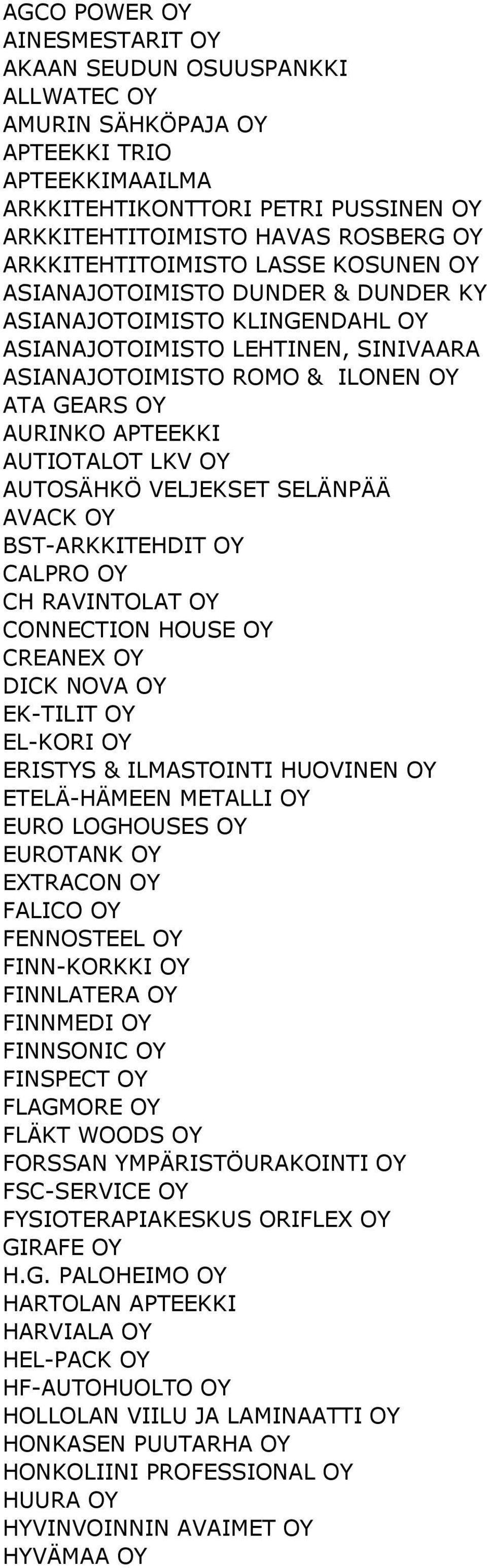 APTEEKKI AUTIOTALOT LKV OY AUTOSÄHKÖ VELJEKSET SELÄNPÄÄ AVACK OY BST-ARKKITEHDIT OY CALPRO OY CH RAVINTOLAT OY CONNECTION HOUSE OY CREANEX OY DICK NOVA OY EK-TILIT OY EL-KORI OY ERISTYS & ILMASTOINTI