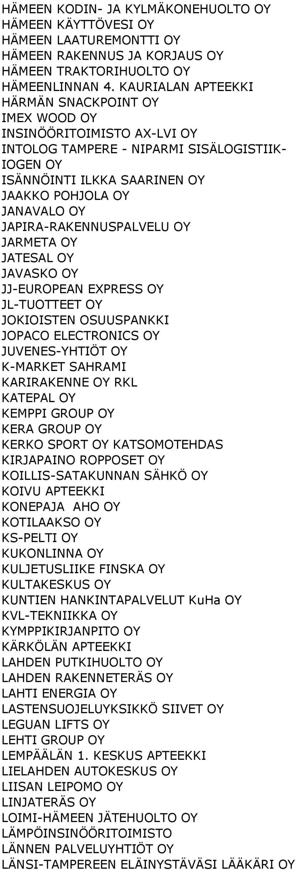 JAPIRA-RAKENNUSPALVELU OY JARMETA OY JATESAL OY JAVASKO OY JJ-EUROPEAN EXPRESS OY JL-TUOTTEET OY JOKIOISTEN OSUUSPANKKI JOPACO ELECTRONICS OY JUVENES-YHTIÖT OY K-MARKET SAHRAMI KARIRAKENNE OY RKL